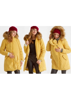 Слингокуртка зимняя - парка для беременных 3 в 1 с мехом, горчичная