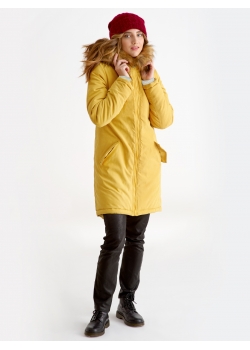Слингокуртка зимняя - парка для беременных 3 в 1 с мехом, горчичная
