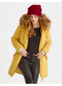 Слингокуртка зимняя - парка для беременных 3 в 1 с мехом, горчичная