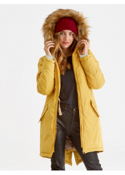 Слингокуртка зимняя - парка для беременных 3 в 1 с мехом, горчичная