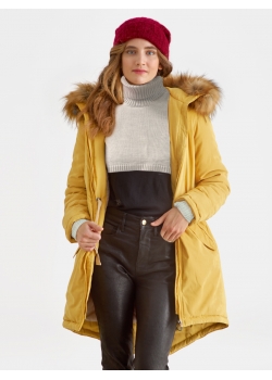 Слингокуртка зимняя - парка для беременных 3 в 1 с мехом, горчичная