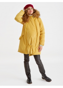 Слингокуртка зимняя - парка для беременных 3 в 1 с мехом, горчичная