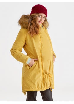 Слингокуртка зимняя - парка для беременных 3 в 1 с мехом, горчичная