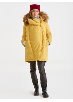 Слингокуртка зимняя - парка для беременных 3 в 1 с мехом, горчичная