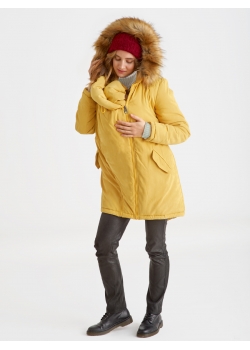 Слингокуртка зимняя - парка для беременных 3 в 1 с мехом, горчичная