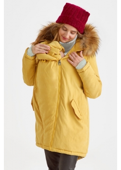 Слингокуртка зимняя - парка для беременных 3 в 1 с мехом, горчичная